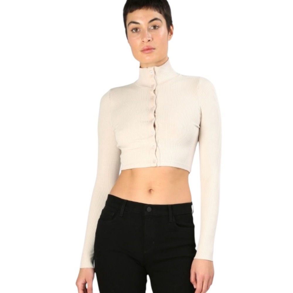 THE RANGE Beige Button Front Cropped Alloy Rib Knit Turtleneck Cardigan EUC M